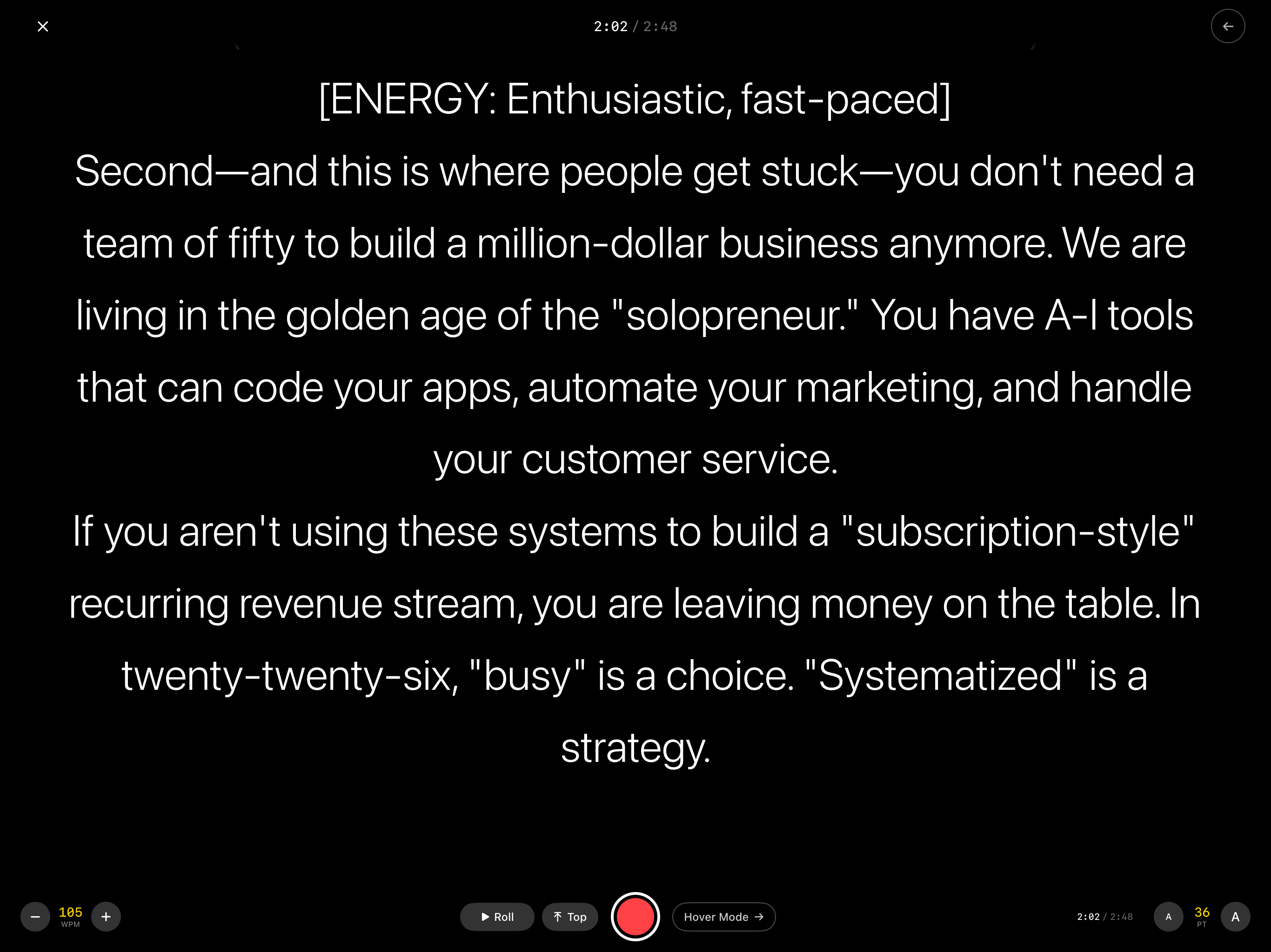Just Roll Focus Mode - Full-screen teleprompter